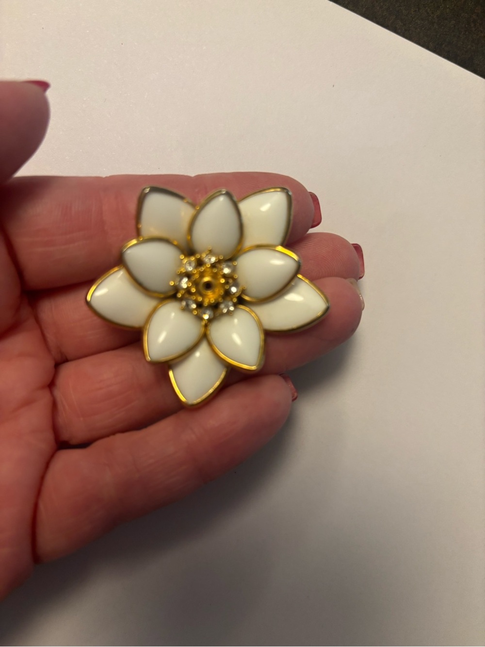 White Enamel Flower Brooch with Gold Trim - Women Jewelry